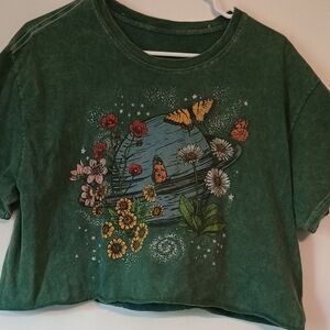 Green Graphic Crop Top with Floral and Butterfly Design
